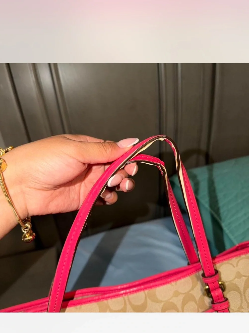Coach Beige Signature Canvas Tote with Pink Trim